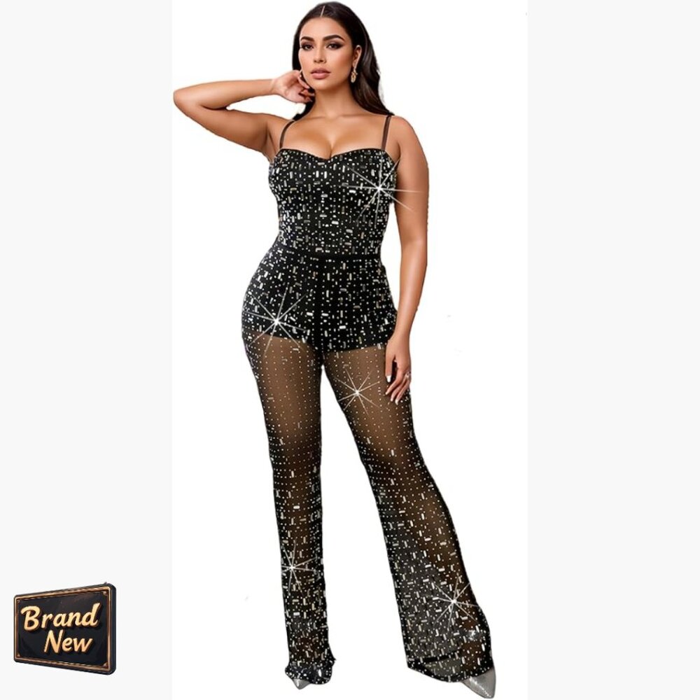 Stretch Lined Sequin Jumpsuit With Feather Trim, Wide Leg